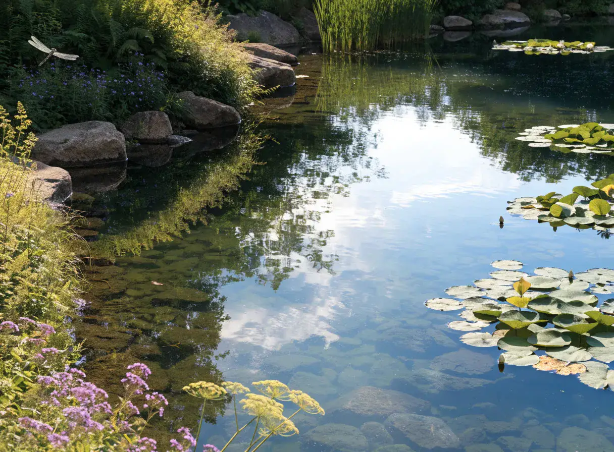 Naturteich mit Seerosen und klarem Wasser