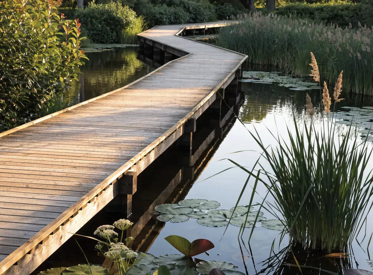 Holzsteg führt über einen naturnahen Gartenteich